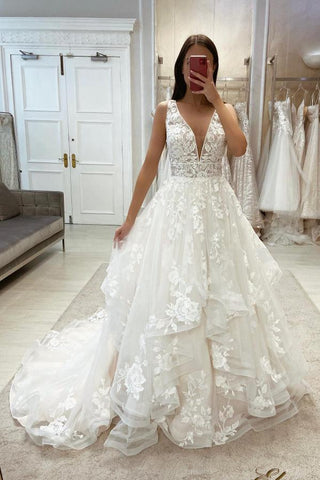 V-Neck Open Back Wedding Dress Lace Sleeveless