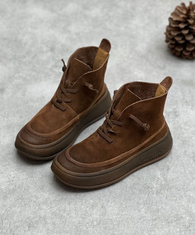 Unique Cross Strap Platform Boots Warm Fleece Coffee Cowhide Leather