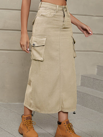 Khaki Buttoned Drawstring Pockets Solid Color Split-Side A-Line Skirts Bottoms