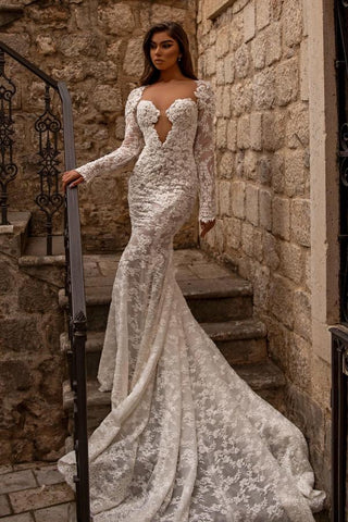 Bmbridal Long Sleeves Mermaid Bridal Dress Lace Sweetheart With Appliques