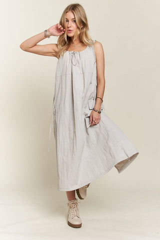 Beige Grey Drawstring Slit Back Cargo Midi Dress