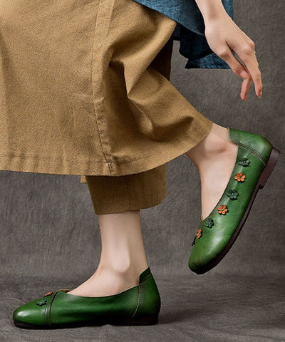 Bohemian Floral Splicing Flats Grünes Rindsleder