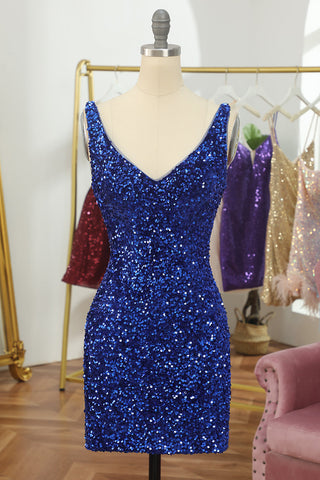 Light Blue Open Back Sequins Tight Homecoming Dress