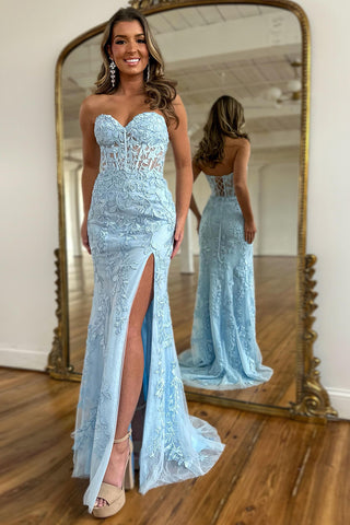 Black Corset Sweetheart Long Lace Prom Dress with Slit