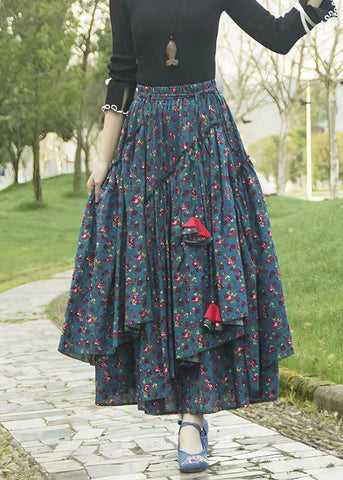 DIY Grey Green Asymmetrical Floral Print Tie Waist Long Skirt Fall