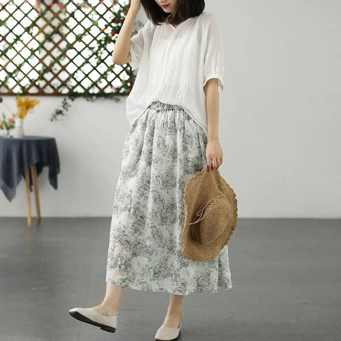 Summer Retro Print Loose Casual A-Line Linen Skirt