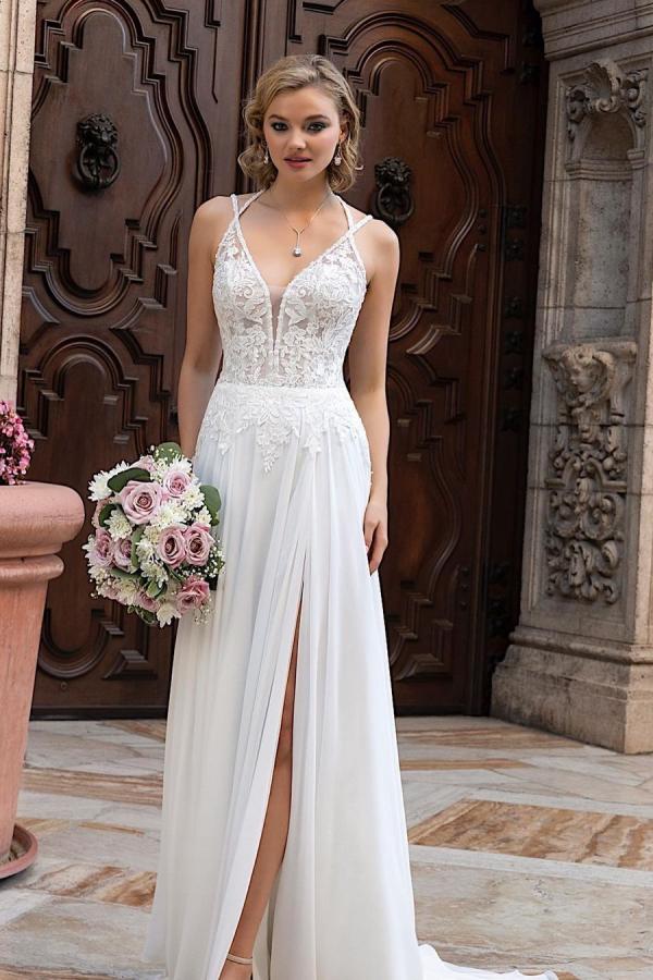 Bmbridal Chiffon Wedding Dress Lace Appliques With Slit