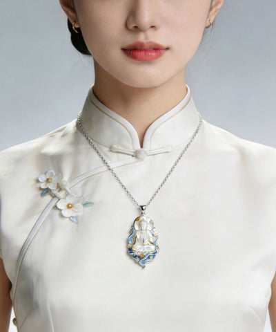 Classy White Stainless Steel Enamel Guanyin Pendant Necklace