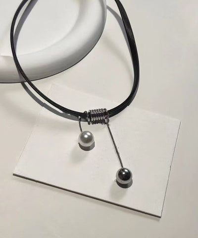 Handmade Black Leather Pearl Pendant Necklace