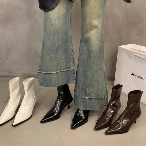 - Herbst und Winter Neue Damenschuhe High Heel Spitz Französische Kurze Stiefel Damenschuhe Plüsch Schlanke Stiefel Koreanische Kleine Stiefeletten