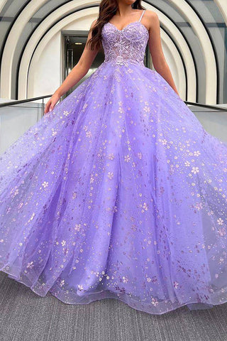 Charming A Line Spaghetti Straps Purple Corset Prom Dress with Appliques