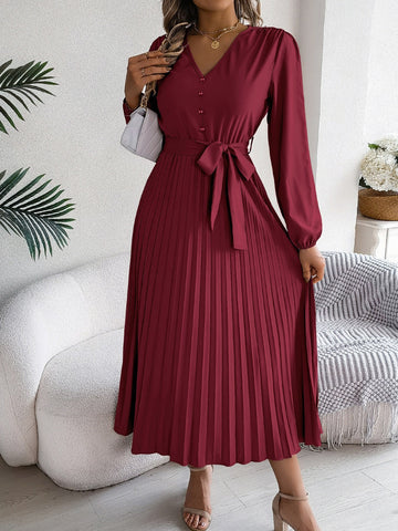 Plissiertes, gebundenes Midikleid mit V-Ausschnitt und langen Ärmeln