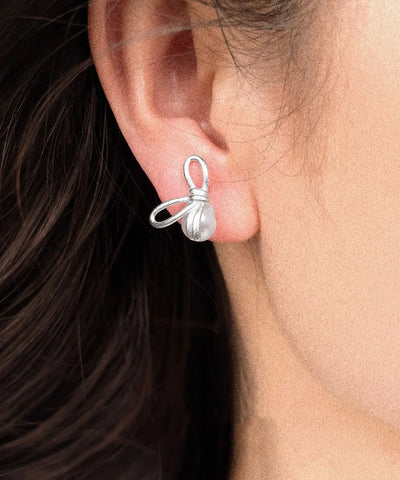 Unique Copper Overgild Bow Pearl Stud Earrings
