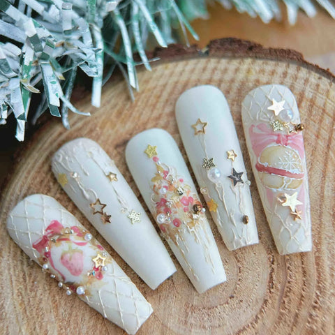 Pink Strawberry Christmas Nail|Press On Nails|3D Nails|Coffin NailsCarefully designed pure handmade press-on gel nails