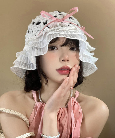 Gestrickter Fischerhut mit Rüschen und ausgehöhlter Schleife im japanischen Stil