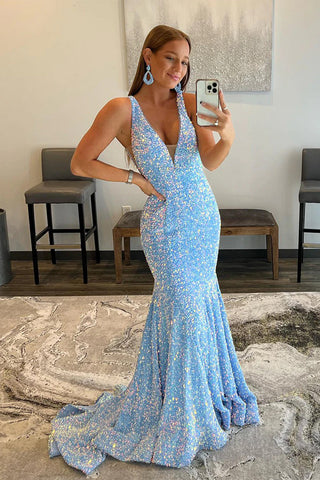 Mermaid Deep V Neck Purple Sequins Prom Dress with Open Back