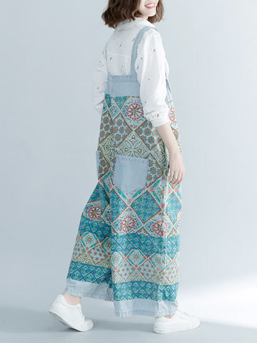 Women Ethnic Print Pocket Button Loose Wide-leg Jumpsuits