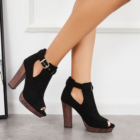 Platform Peep Toe Ankle Booties Chunky Block Heel Dress Boots