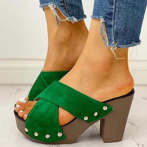 Rivet Criss Cross Chunky Block Heels Platform Slip-on Sandals