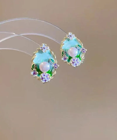 Art Blue Copper Pearl Dripping Glaze Floral Stud Earrings