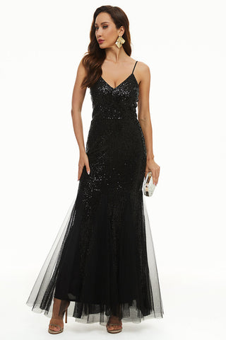 Sheath Spaghetti Straps Black Sequins Long Prom Dress