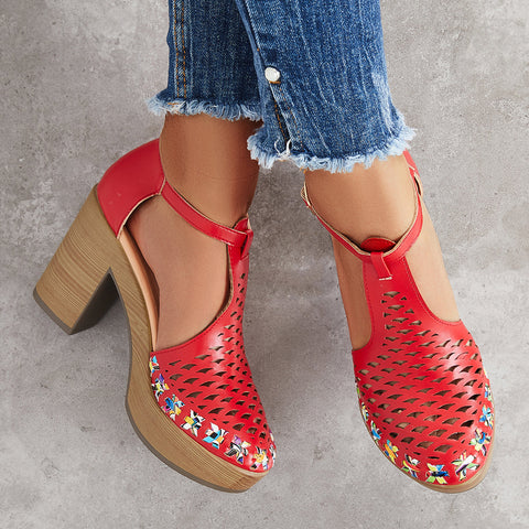 Platform Block Chunky High Heels Ankle T-Strap Cutout Sandals