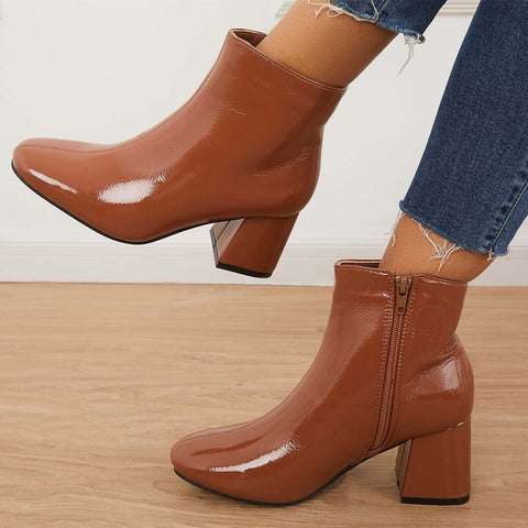 Patent Leather Block Heel Ankle Booties Square Toe Side Zipper Boots
