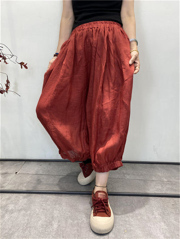 Women Summer Solid Thin Loose Pocket Pleat Cotton Pants