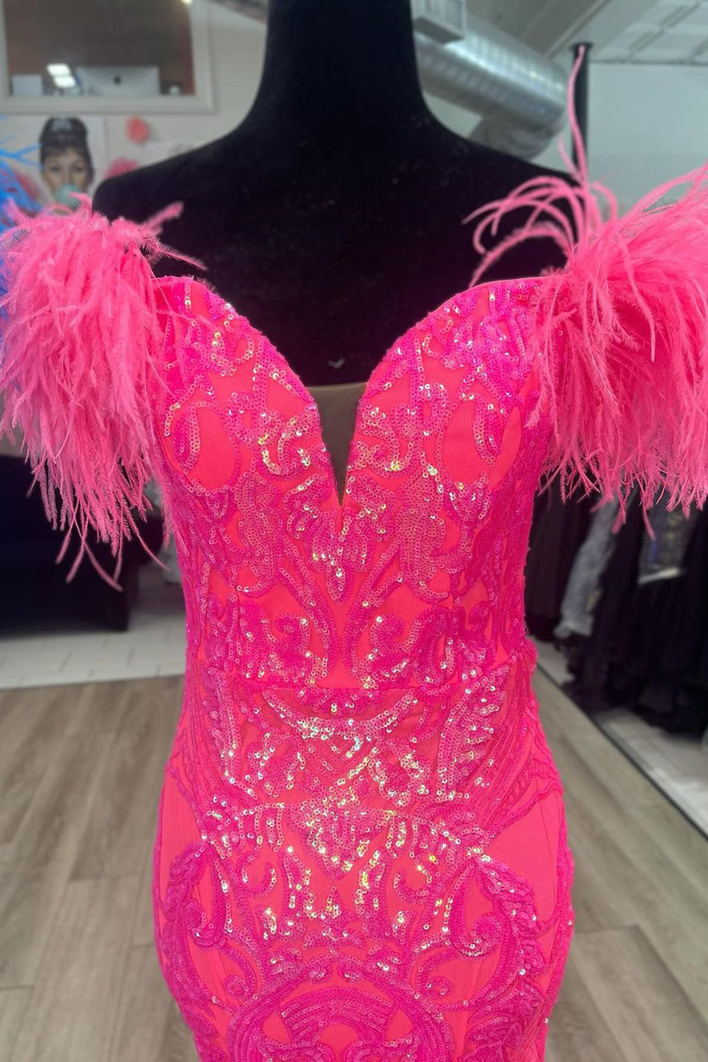 Glittering Glamour Mermaid Off the Shoulder Hot Pink/Blue Long Prom Dress with Feather