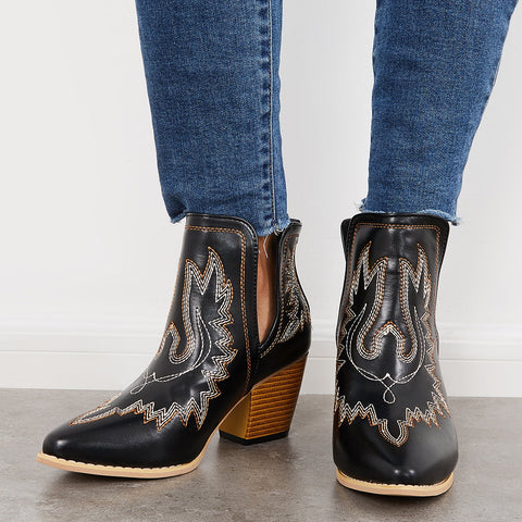 Western Ankle Cowgirl Boots Slip on Cutout Chunky Heel Booties