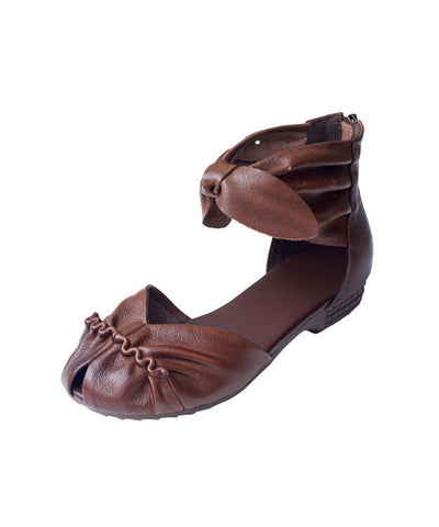 Brown Retro Bow Zippered Splicing Cowhide Leather Hiking Sandals