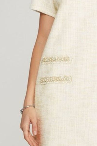 Full Size Short Sleeve Pearl Studded Trim Knit Tweed Dress