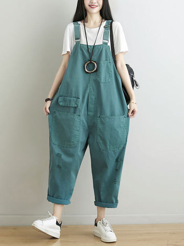 Women Summer Casual Solid Pocket Frayed Loose Jumpsuits