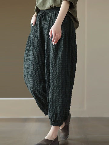 Women Summer Vintage Plaid Pocket Spliced Linen Harem Pants