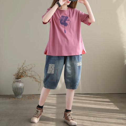 Women Casual Patchwork Loose Cotton Denim Shorts