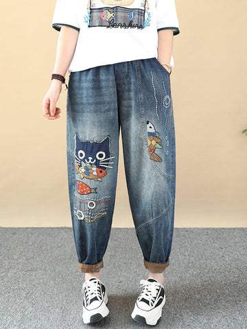 Women Summer Vintage Cartoon Patch Spliced Denim Pants