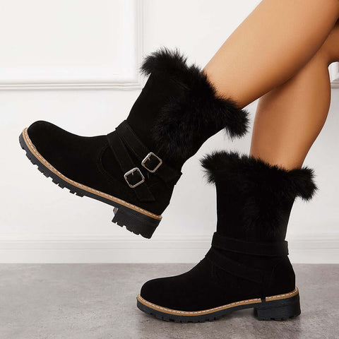 Warm Fur Mid Calf Snow Boots Block Heel Furry Winter Booties