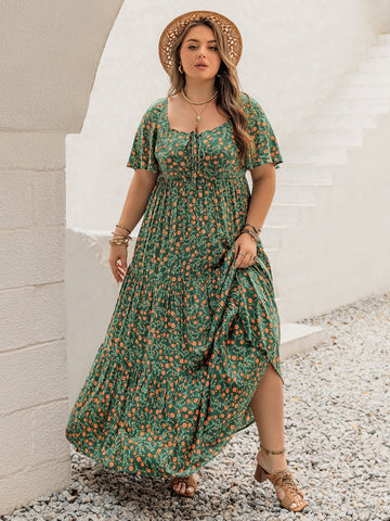 Plus Size Dark Green Floral Summer Maxi Dress