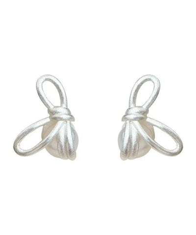 Unique Copper Overgild Bow Pearl Stud Earrings