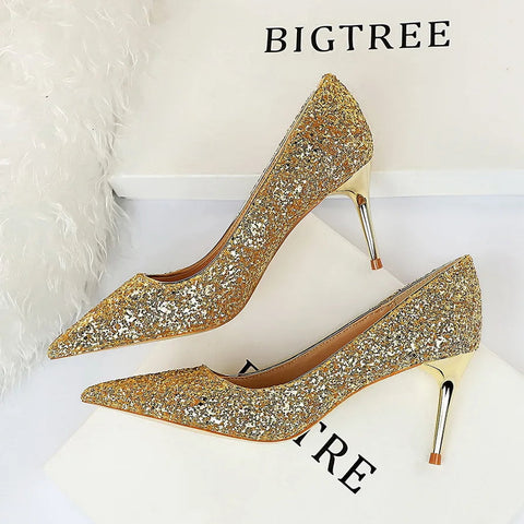 2024 summer new  style sexy nightclub slim heels for women's skinny heels fashion glitter single shoes