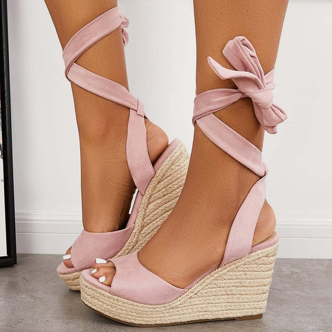 Lace up Espadrille Heel Platform Wedges Ankle Strap Sandals