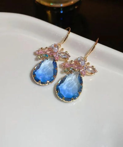 Elegant Pink Sterling Silver Alloy Crystal Butterfly Water Droplet Drop Earrings