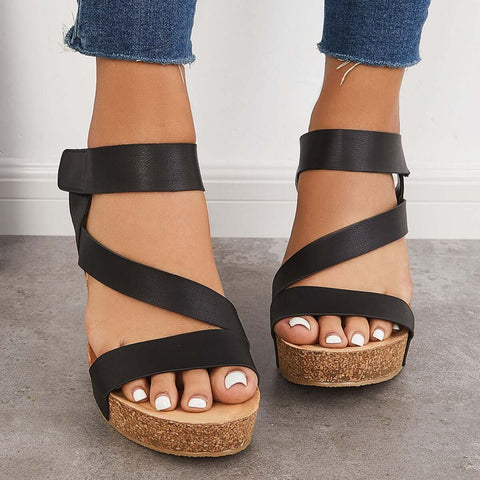 Cork Platform Wedges Ankle Strap Slingback Sandals