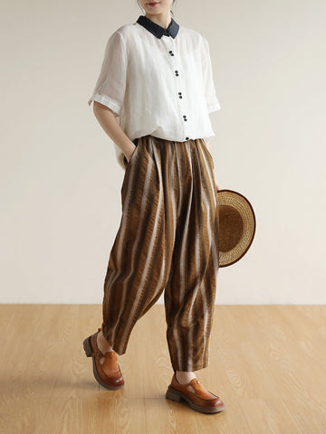 Women Summer Stripe  Pocket Vintage Loose Cotton Pants