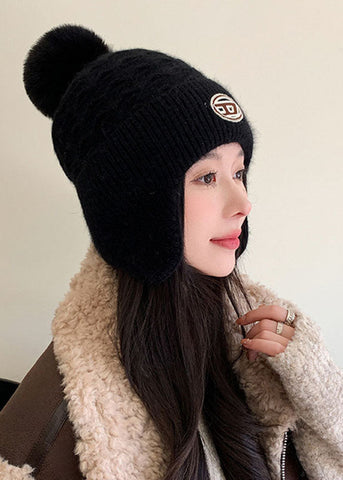 Einzigartige schwarze, warme Bonnie-Mütze aus gestrickter Baumwolle