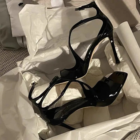 2024 Summer New Purple One Line Buckle Cross Roman Sandals Women's Fine Heel Open Toe High Heels