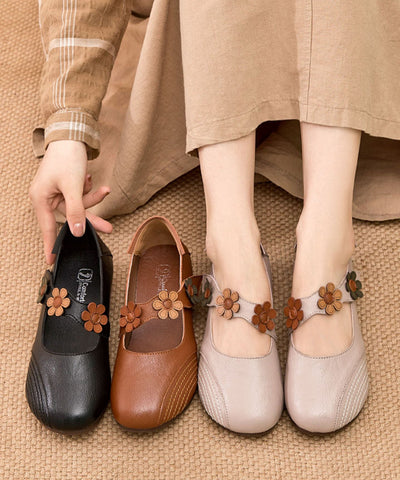 Boho Schnallenriemen Flache Schuhe für Frauen Apricot Floral Rindsleder