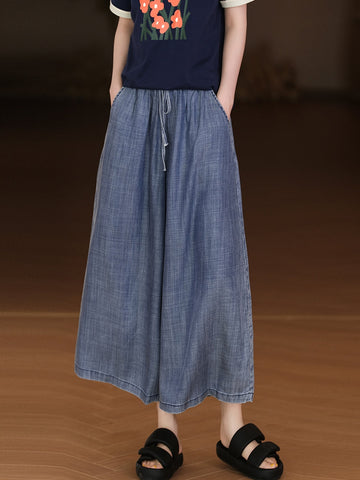 Women Summer Retro Solid Loose Wide-leg Pants