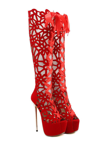 Womens Heels Knee High Boots Peep Toe Red High Heels