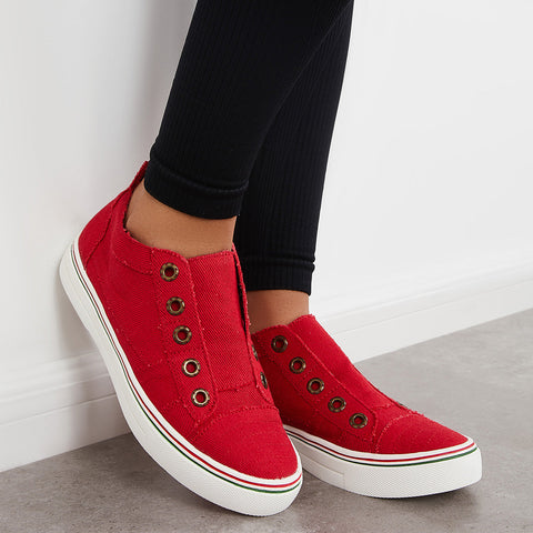 Rote Slipper aus Segeltuch, flache Wanderschuhe
